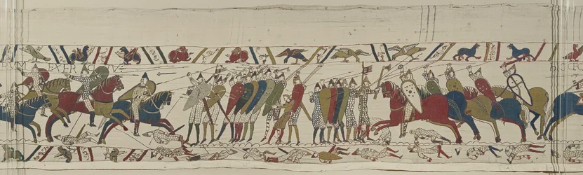 The Norman cavalry attacks the English shield-wall and battle is joined, Bayeux Tapestry